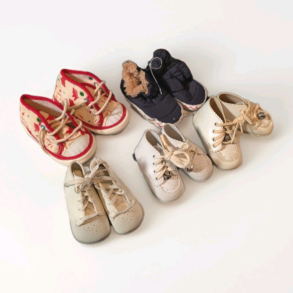 Vintage Baby Shoes Lot- White Leather With Bells, Canvas, Fur Booties